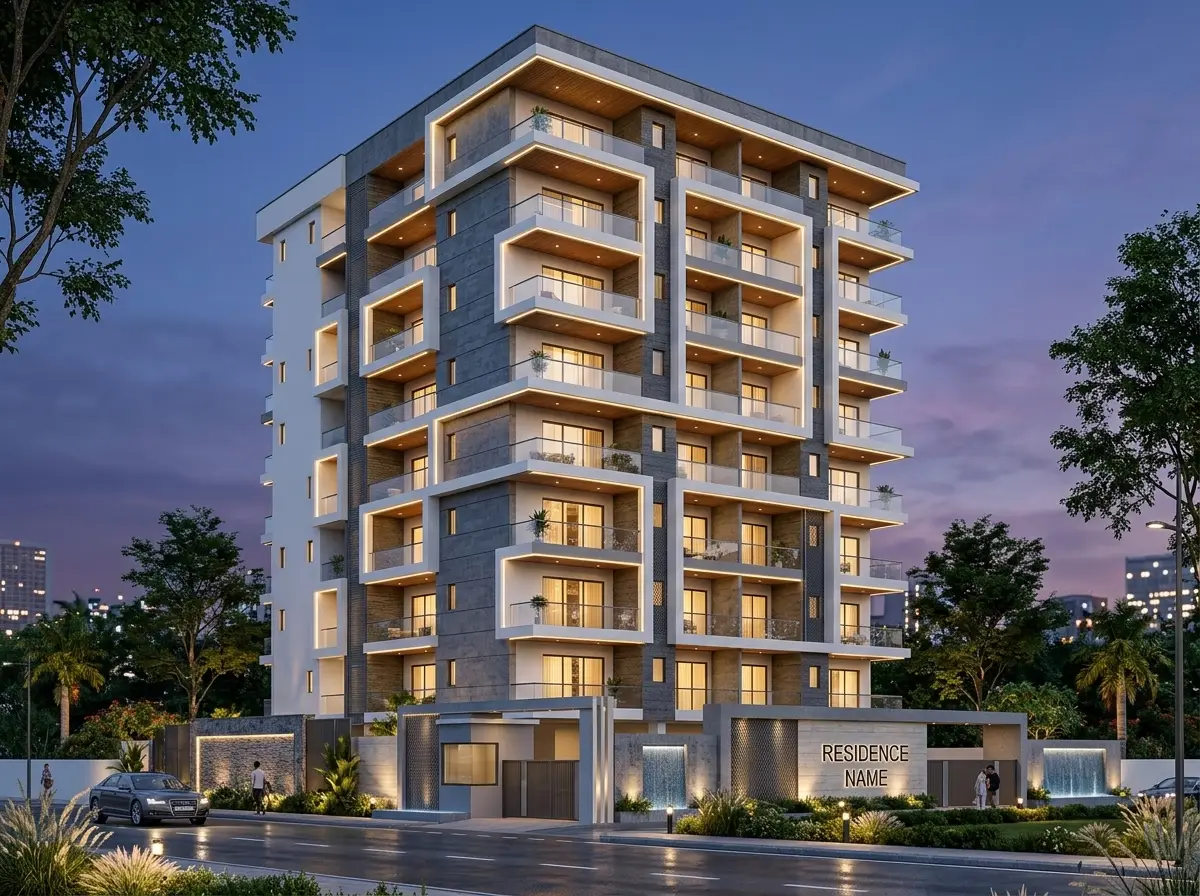 An apartment tower at twilight with illuminated box balconies.
